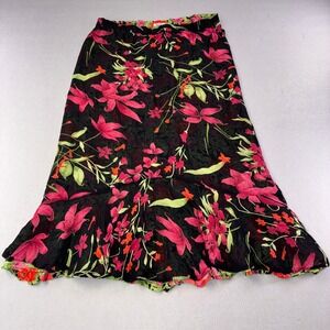 Style & Co Floral Midi Skirt Womens 8 Black Pink Excellent Ruffle Rayon Tropical